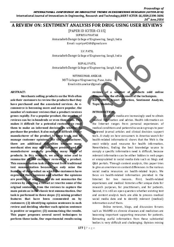 (PDF) A REVIEW ON: SENTIMENT ANALYSIS FOR DRUG USING USER REVIEWS