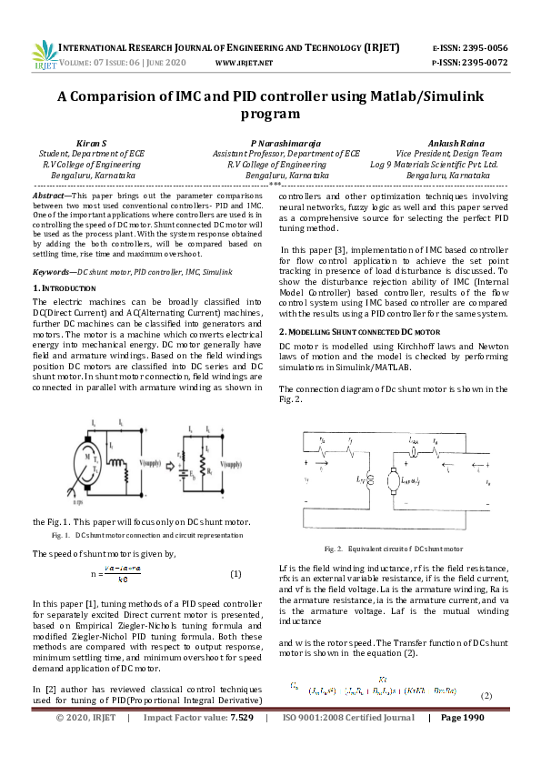 (PDF) IRJET- A Comparision of IMC and PID controller using Matlab ...