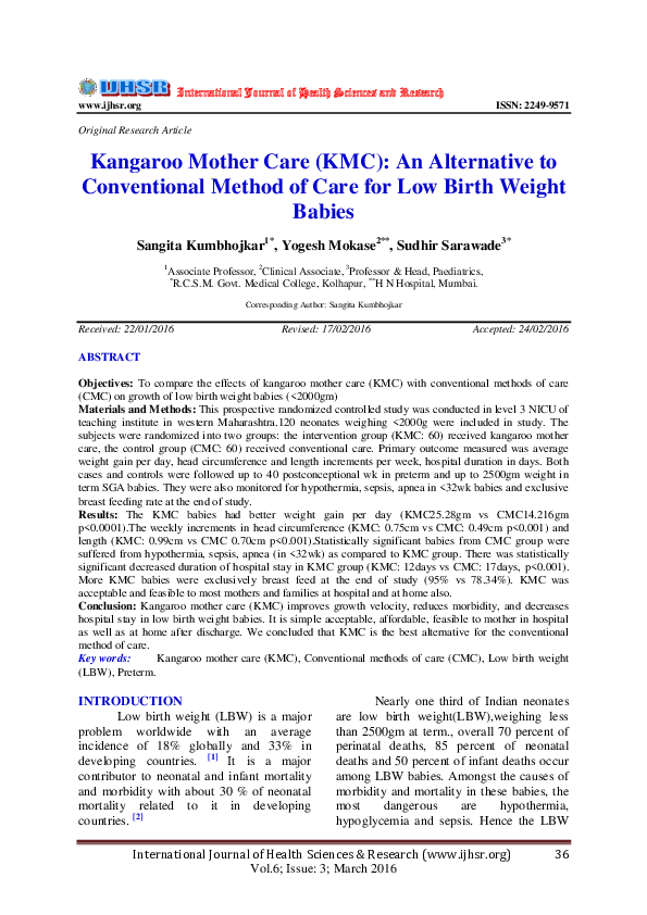 (PDF) Kangaroo Mother Care (KMC) An Alternative to Conventional Method