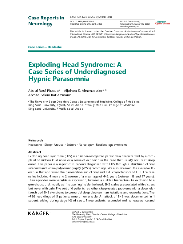 (PDF) Exploding head syndrome A case series of underdiagnosed hypnic parasomnia Rouf Pirzada