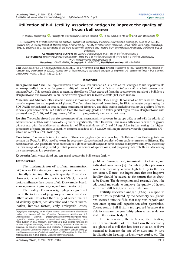 (PDF) Utilization of bull fertilityassociated antigen to improve the