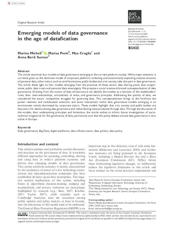 (PDF) Emerging models of data governance in the age of datafication