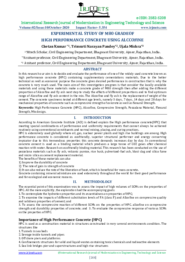 (PDF) EXPERIMENTAL STUDY OF M80 GRADEOF HIGH PERFORMANCE CONCRETE USING ...