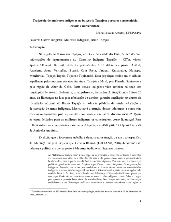 (PDF) ARANTES, L. Trajetória de mulheres indígenas no baixo rio tapajós