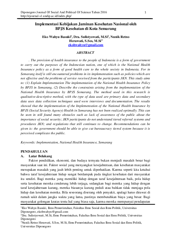 Pdf Id Implementasi Kebijakan Jaminan Kesehatan