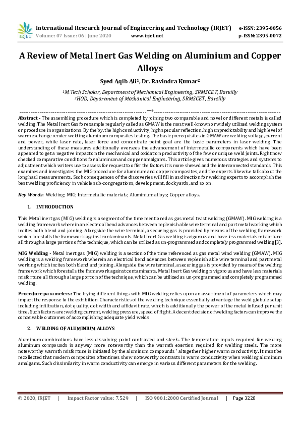(PDF) IRJET A Review of Metal Inert Gas Welding on Aluminium and