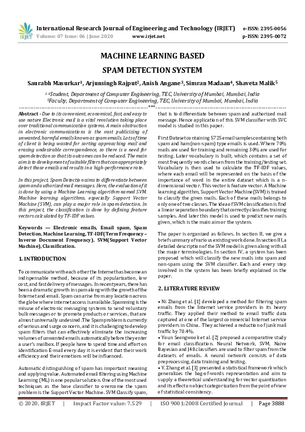 (PDF) IRJET- MACHINE LEARNING BASED SPAM DETECTION SYSTEM