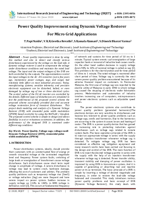 (PDF) Power Quality Improvement using Dynamic Voltage Restorer For ...