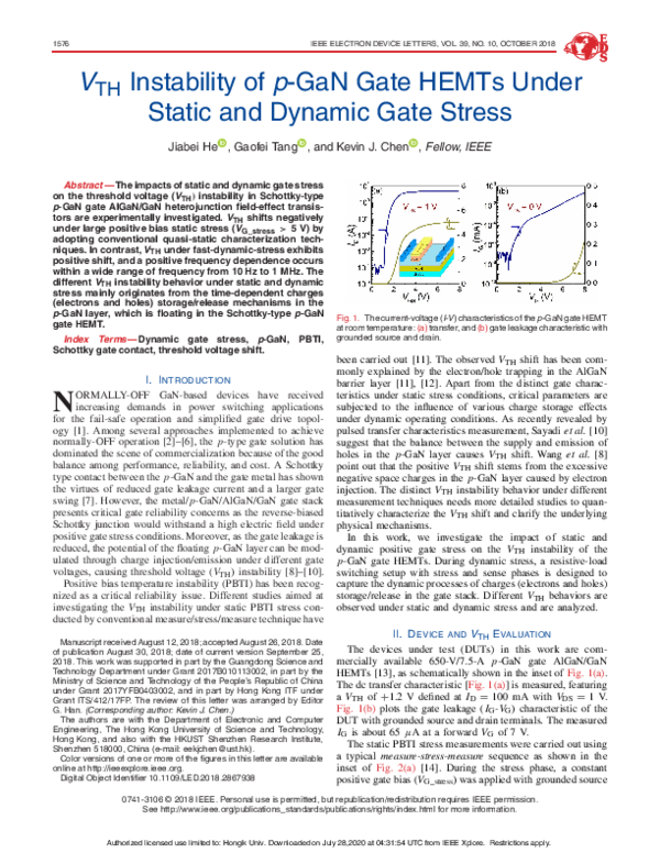 (PDF) V TH Instability of pGaN Gate HEMTs Under Static and Dynamic