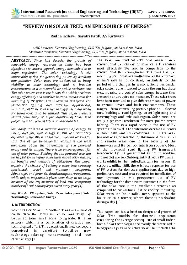 (PDF) IRJET "REVIEW ON SOLAR TREE AN EPIC SOURCE OF ENERGY" IRJET Journal Academia.edu