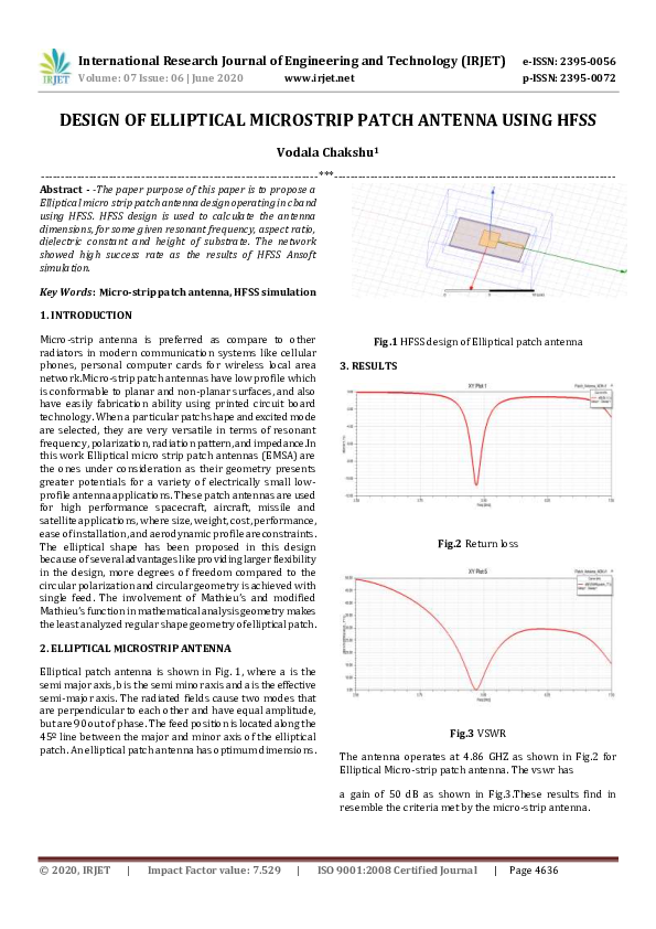 (PDF) IRJET- DESIGN OF ELLIPTICAL MICROSTRIP PATCH ANTENNA USING HFSS