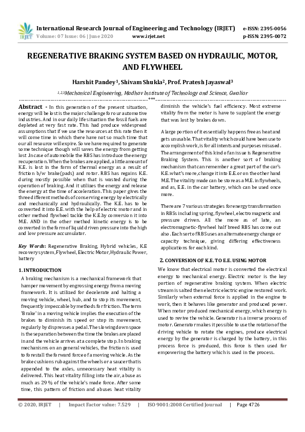 (PDF) REGENERATIVE BRAKING SYSTEM BASED ON HYDRAULIC, MOTOR, AND FLYWHEEL IRJET Journal