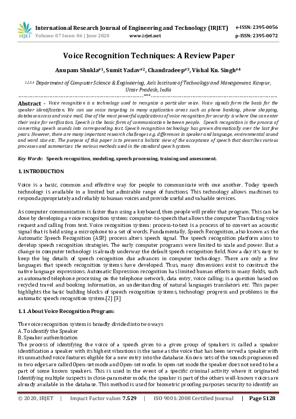 (PDF) IRJET- Voice Recognition Techniques: A Review Paper