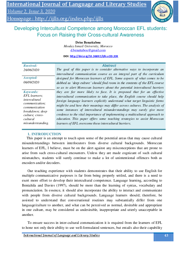 (PDF) Developing Intercultural Competence among Moroccan EFL students ...