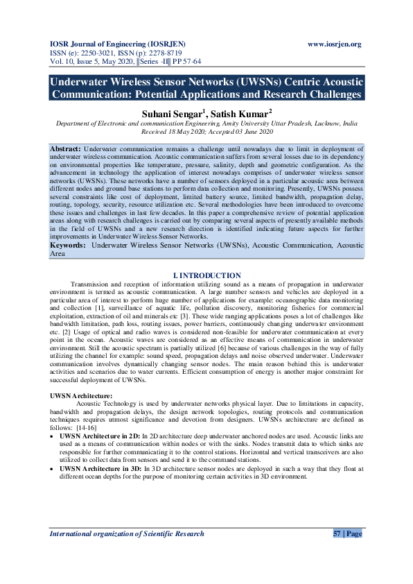 (PDF) Underwater Wireless Sensor Networks (UWSNs) Centric Acoustic ...