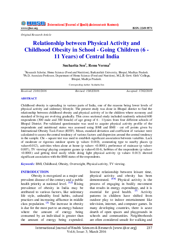 (PDF) Relationship between Physical Activity and Childhood Obesity in ...