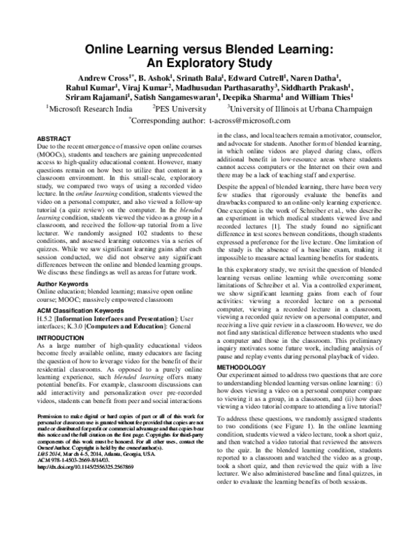 (PDF) Online Learning versus Blended Learning: An Exploratory Study