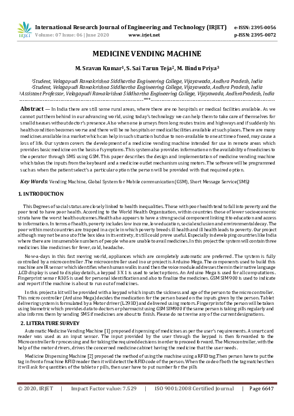 (PDF) IRJET MEDICINE VENDING MACHINE IRJET Journal Academia.edu