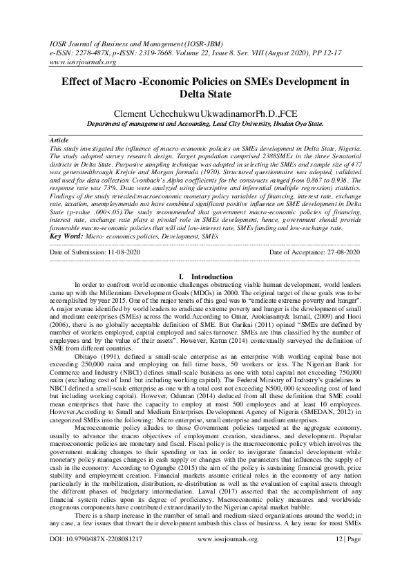 (PDF) Effect of Macro -Economic Policies on SMEs Development in Delta State
