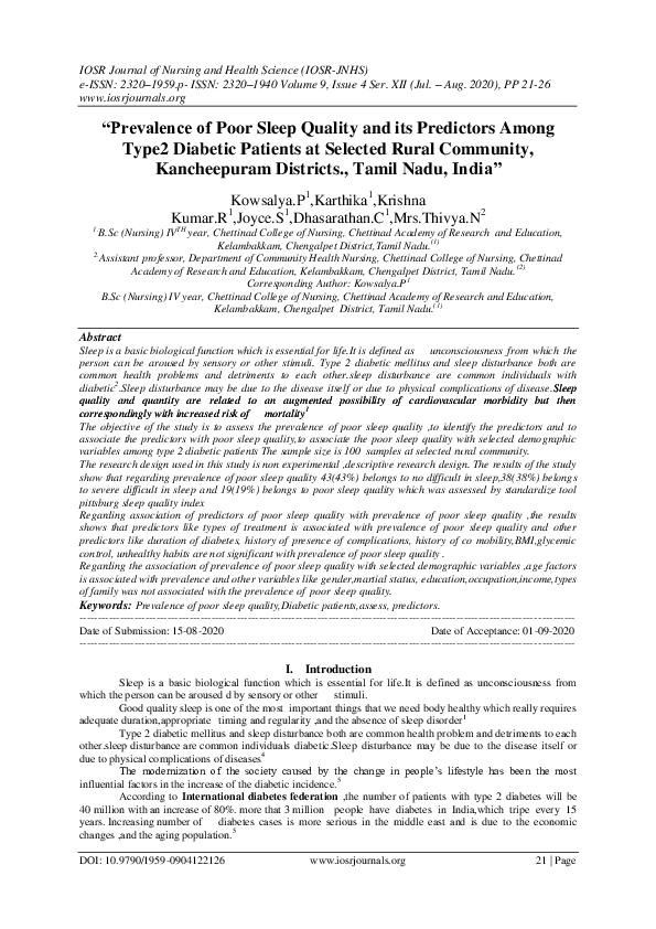 (PDF) "Prevalence of Poor Sleep Quality and its Predictors Among Type2 ...