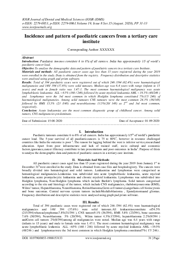 (PDF) Incidence and pattern of paediatric cancers from a tertiary care ...