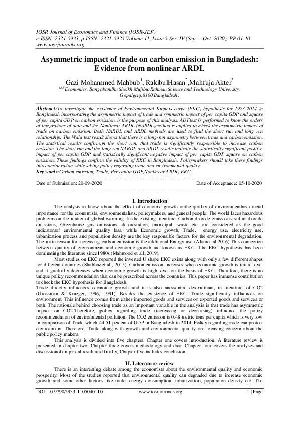 (PDF) Asymmetric impact of trade on carbon emission in Bangladesh ...
