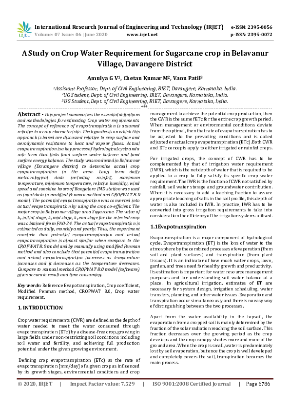 (PDF) IRJET-A Study on Crop Water Requirement for Sugarcane crop in ...