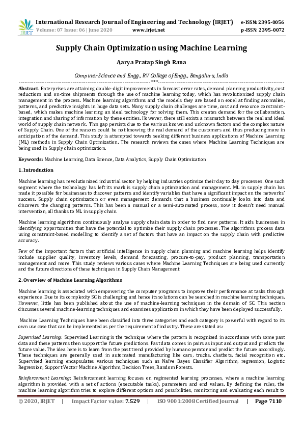 (PDF) IRJET- Supply Chain Optimization using Machine Learning