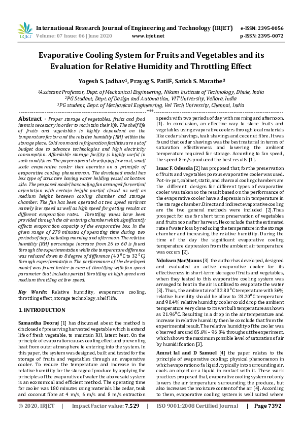 (PDF) IRJETEvaporative Cooling System for Fruits and Vegetables and