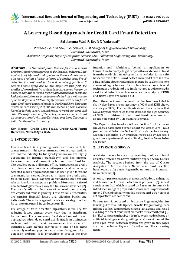 (PDF) A Learning Based Approach for Credit Card Fraud Detection
