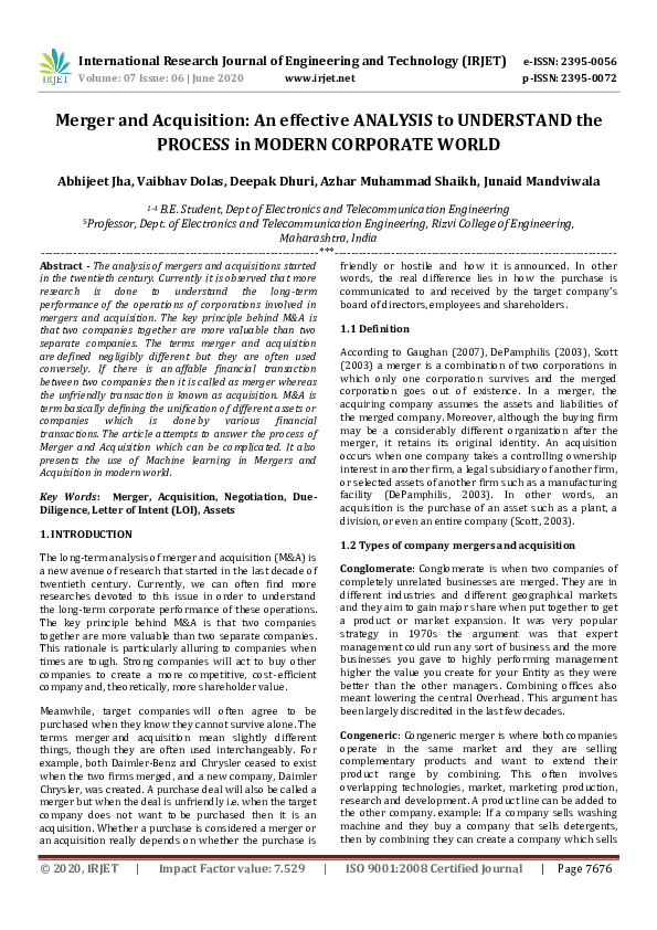 (PDF) IRJET- Merger and Acquisition: An effective ANALYSIS to ...
