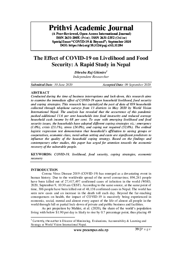 (PDF) The Effect of COVID-19 on Livelihood and Food Security: A Rapid ...