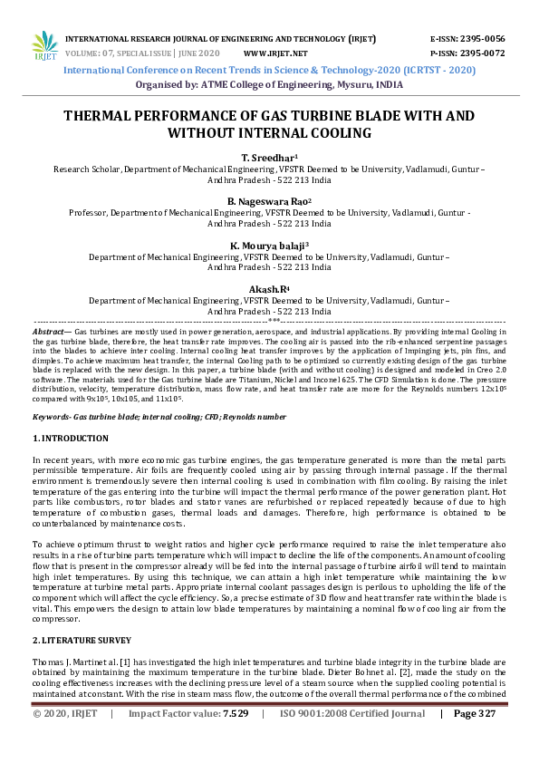 (PDF) IRJET- THERMAL PERFORMANCE OF GAS TURBINE BLADE WITH AND WITHOUT ...