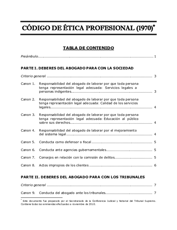 (PDF) CÓDIGO DE ÉTICA PROFESIONAL (1970) * TABLA DE CONTENIDO PARTE I