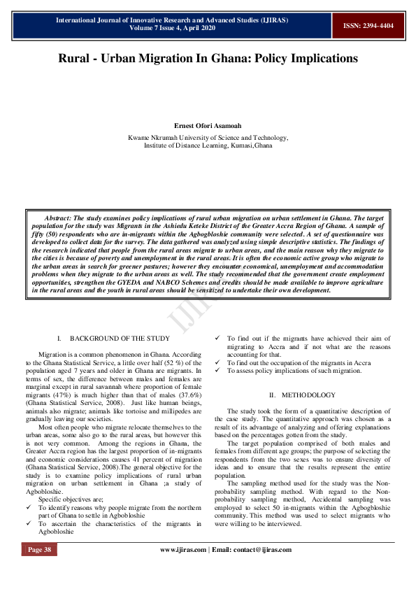  PDF Rural Urban Migration In Ghana Policy Implications Dr Ofori