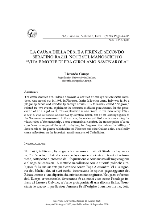 (PDF) La causa della peste a Firenze secondo Serafino Razzi. Note sul ...