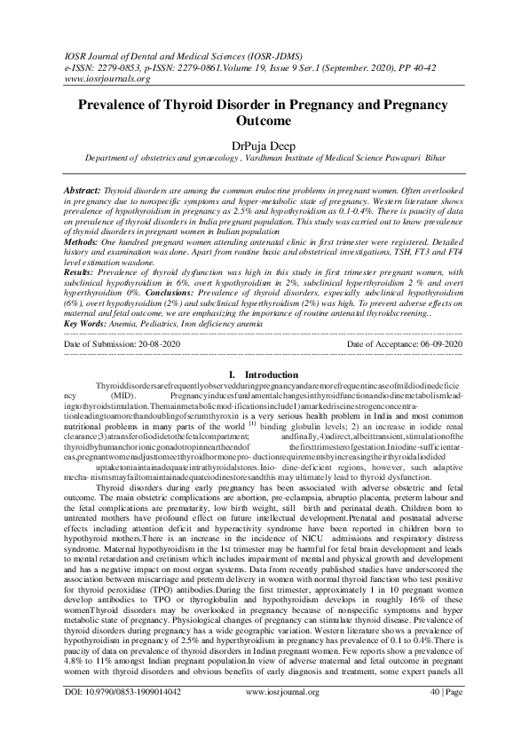 (PDF) Prevalence of Thyroid Disorder in Pregnancy and Pregnancy Outcome