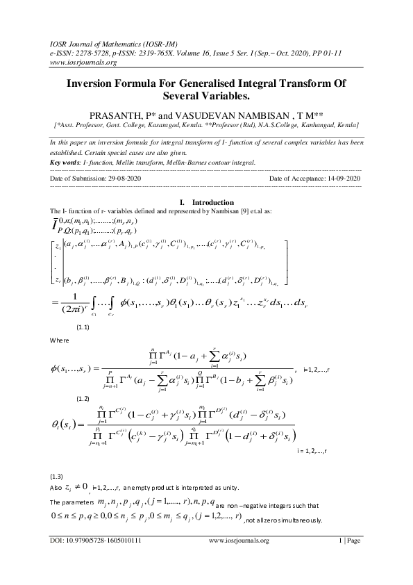 Pdf Inversion Formula For Generalised Integral Transform Of Several Variables Iosr Journals Pdf Inversion Formula For Generalised Integral Transform Of Several Variables Iosr Journals