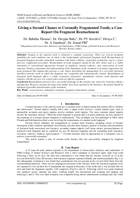(PDF) Giving a Second Chance to Coronally Fragmented Tooth; a Case ...