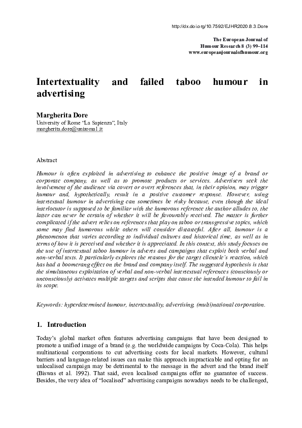 (PDF) Intertextuality and failed taboo humour in advertising