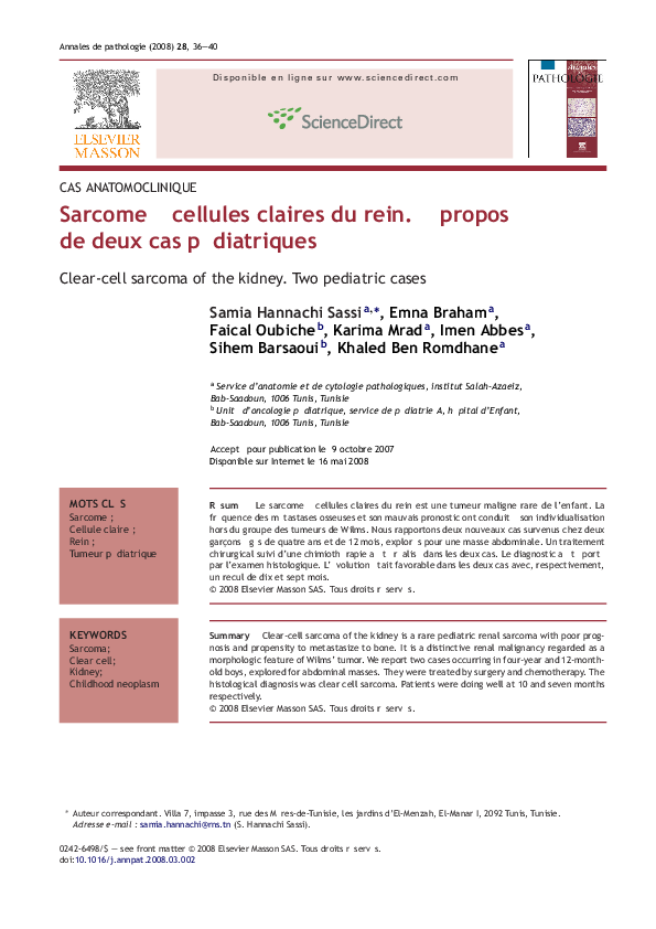 (PDF) à cellules claires du rein. À propos de deux cas pédiatriques