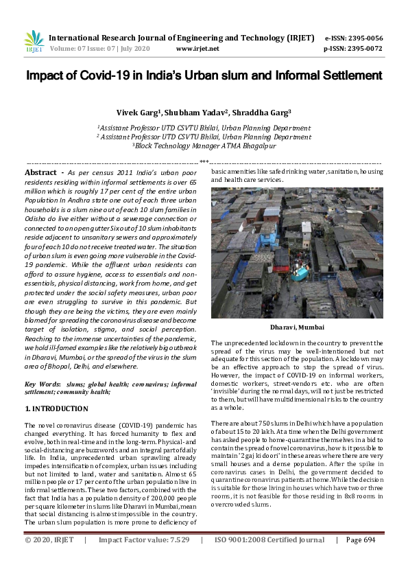 (PDF) Impact of Covid-19 in India's Urban slum and Informal Settlement