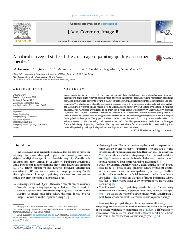 (PDF) A critical survey of state of the art image inpainting quality ...