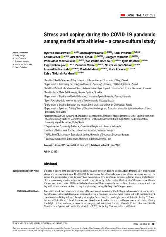 (PDF) Stress and coping during the COVID-19 pandemic among martial arts ...
