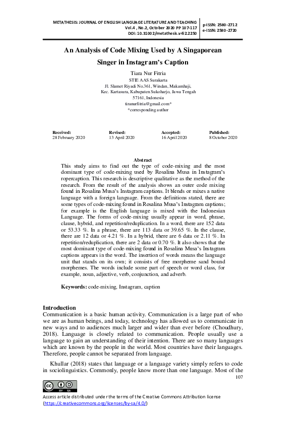 (PDF) An Analysis of Code Mixing Used by A Singaporean Singer in ...