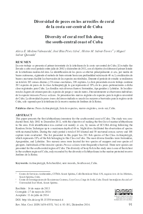 (PDF) Diversity of coral reef fish along the south-central coast of Cuba