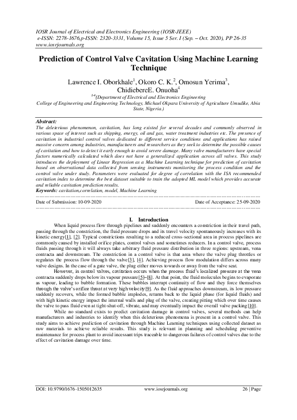 (PDF) Prediction of Control Valve Cavitation Using Machine Learning ...