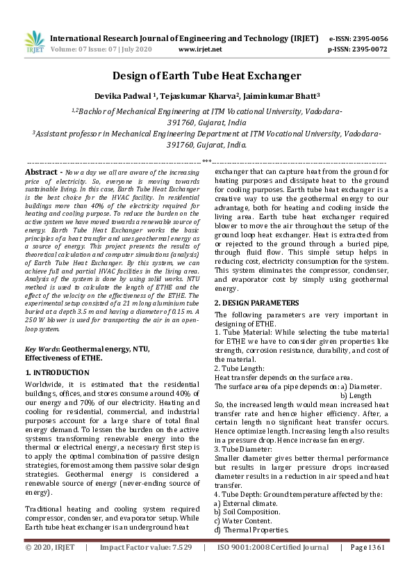 (PDF) IRJET- Design of Earth Tube Heat Exchanger