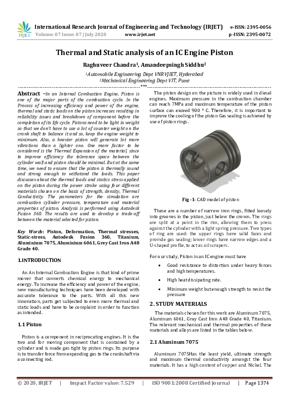 (PDF) IRJET- Thermal and Static analysis of an IC Engine Piston