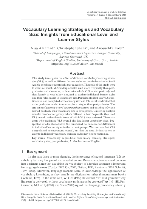 (PDF) Vocabulary Learning Strategies and Vocabulary Size: Insights from ...